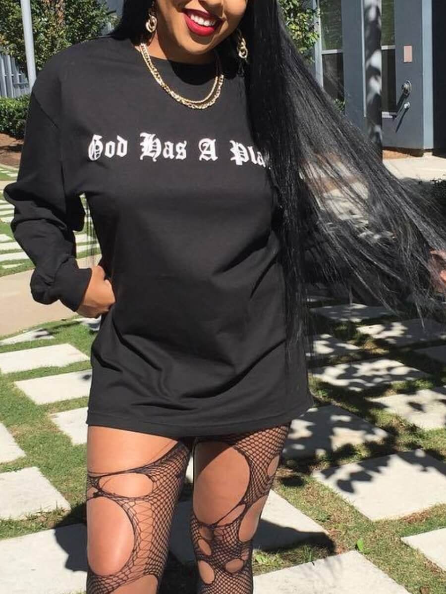 

Lovely Casual O Neck Letter Print Black Mini Dress