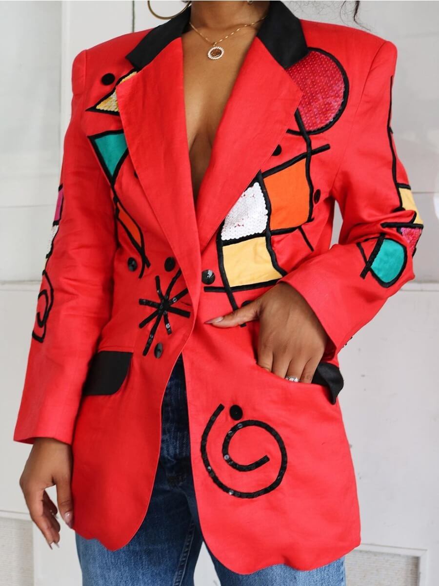 

Lovely Street Turndown Collar Print Red Blazer