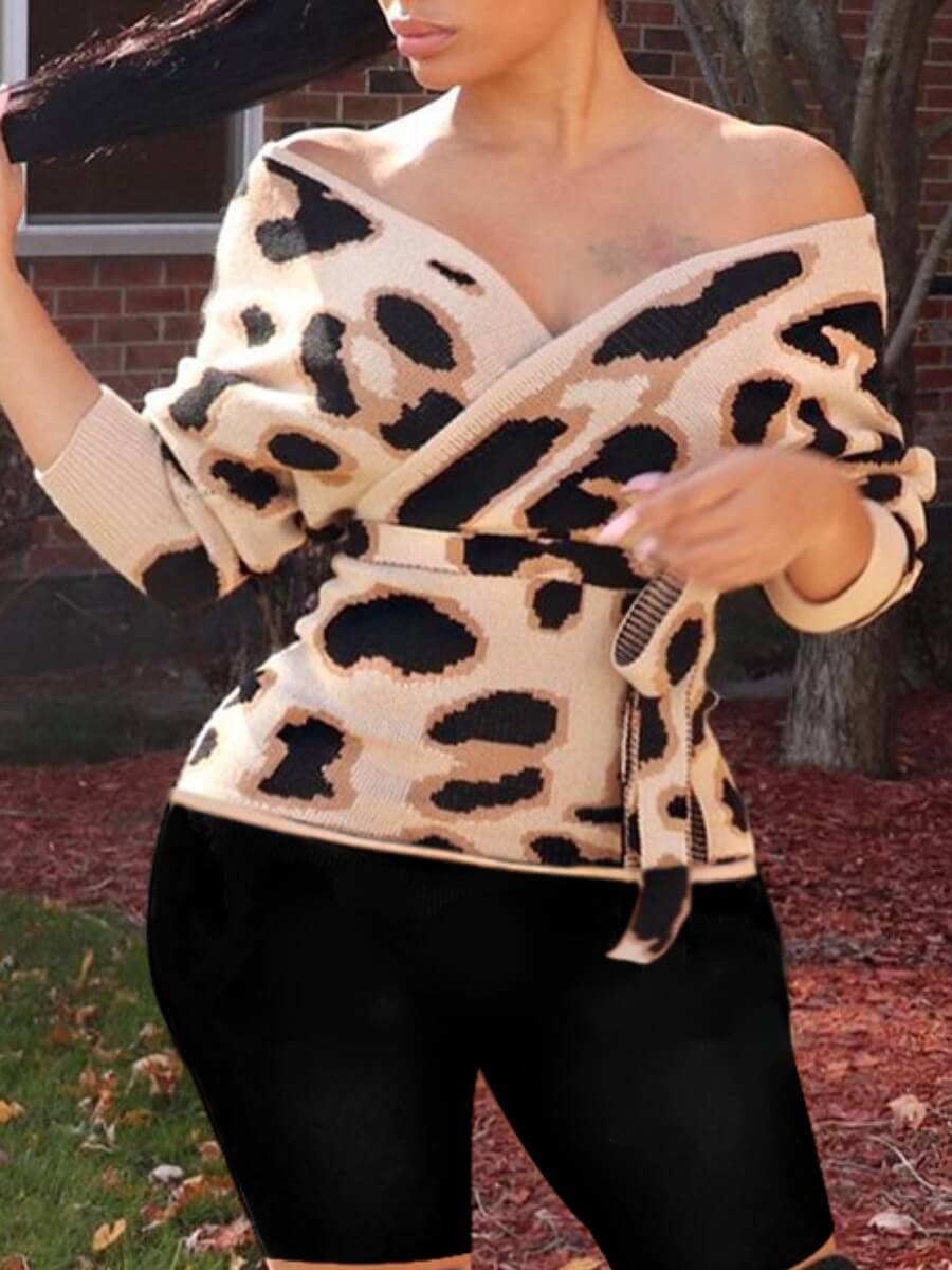 

Lovely Street Lace-up Leopard Print Cross-over Design Sweater