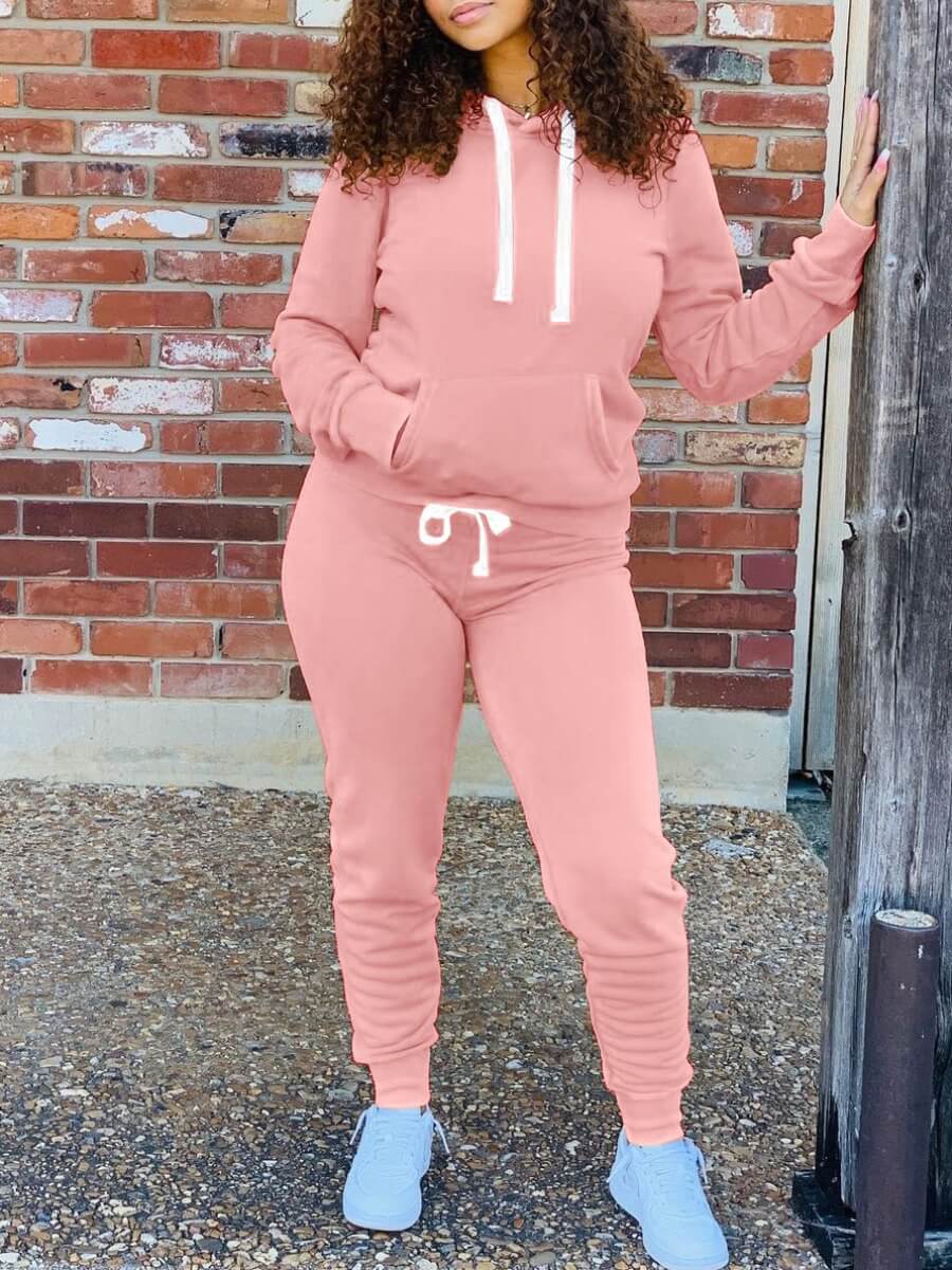 

Lovely Casual Hooded Collar Drawstring Design Pink Two Piece Pants Set