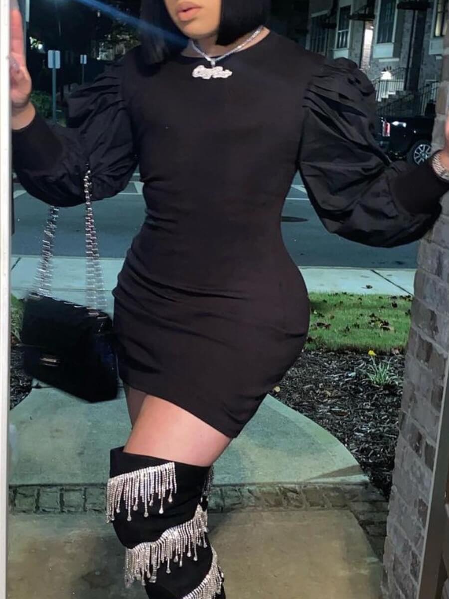 

Lovely Casual Hubble-bubble Sleeve Print Black Mini Dress