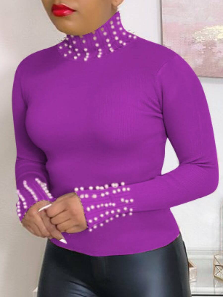 

Lovely Street Turtleneck Pearl Decorative Purple T-shirt