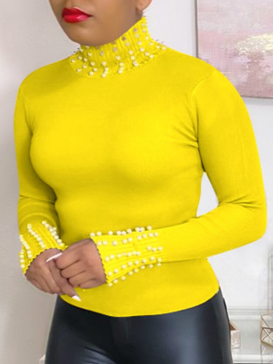 

Lovely Street Turtleneck Pearl Decorative Yellow T-shirt