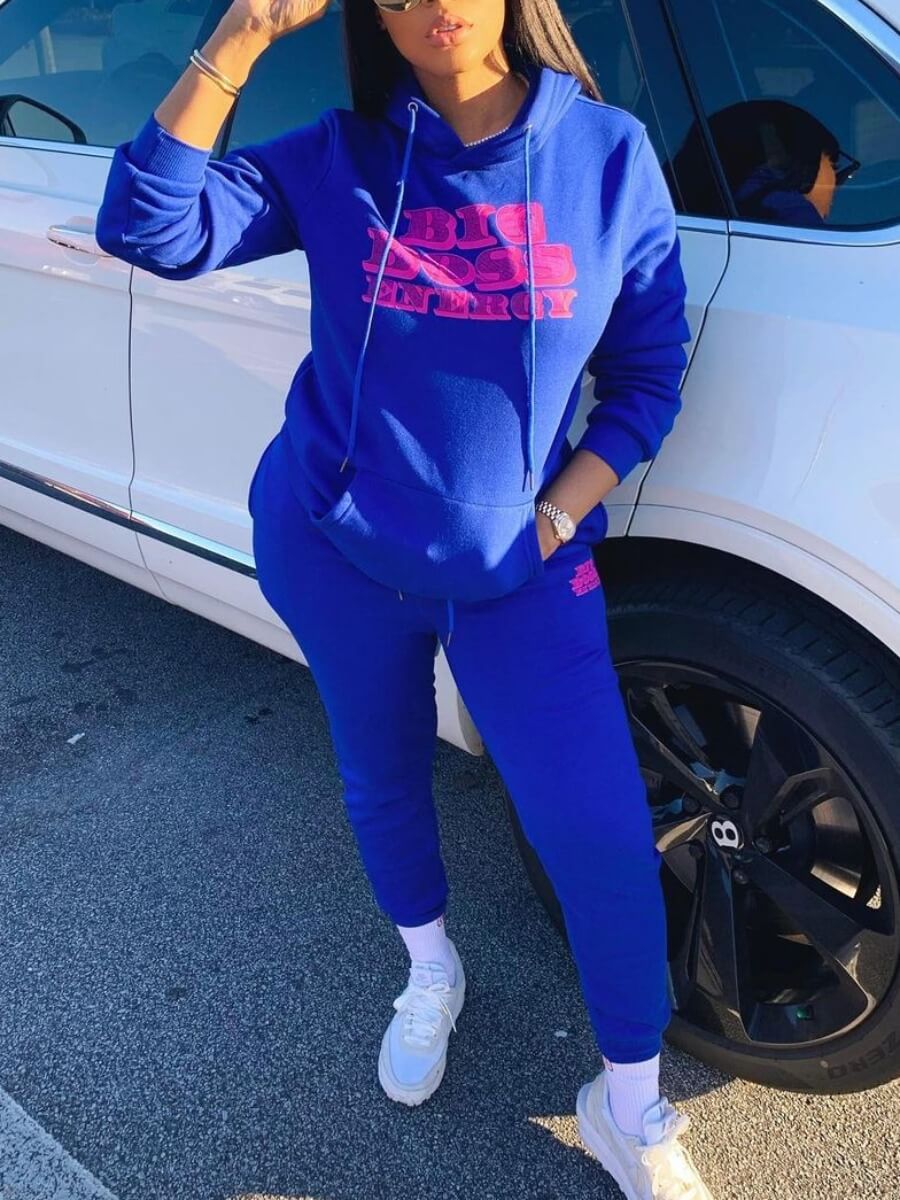 

Lovely Casual Hooded Collar Letter Print Blue Two Piece Pants Set
