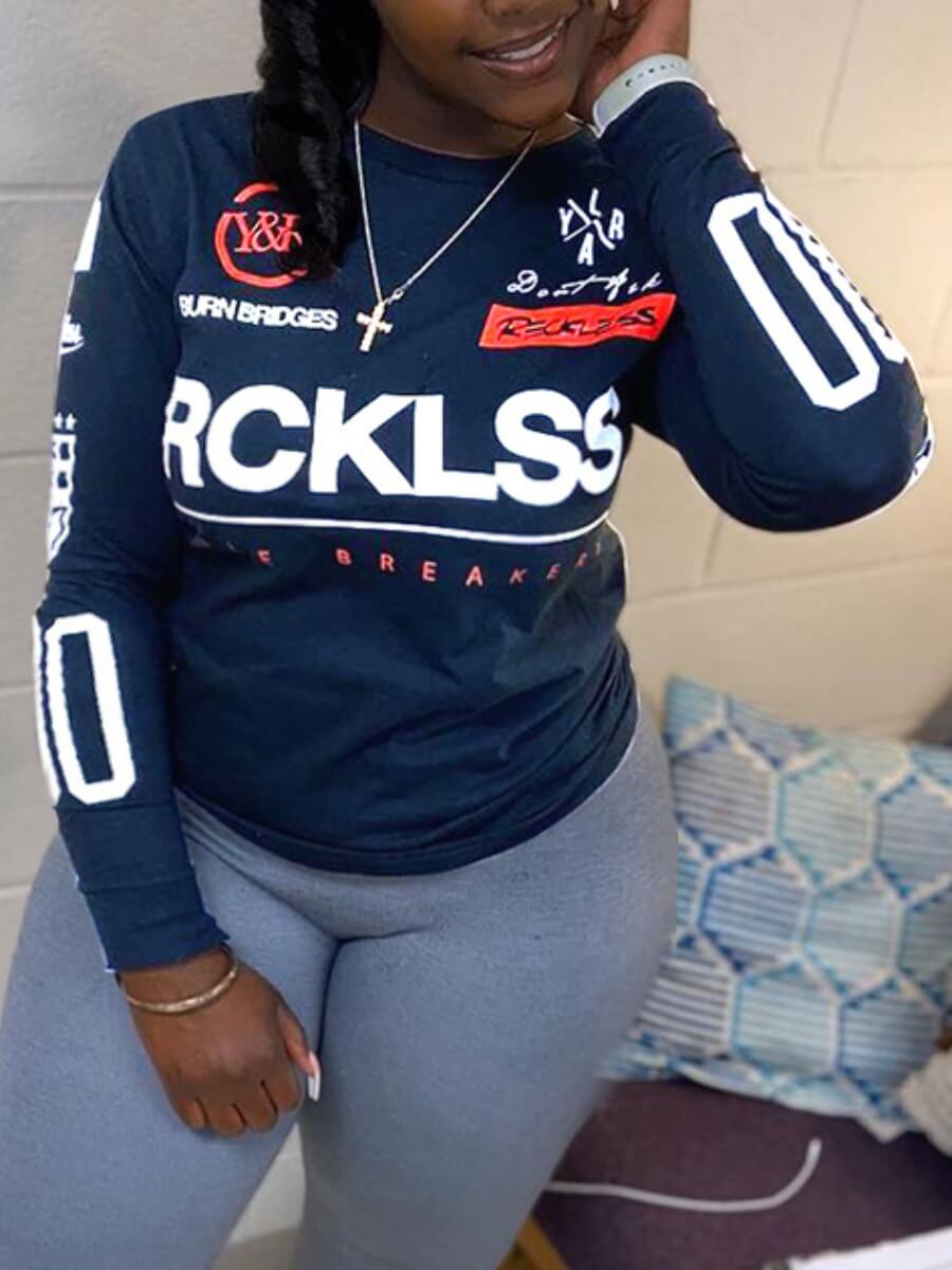 

Lovely Casual O Neck Letter Print Dark Blue Plus Size Hoodie