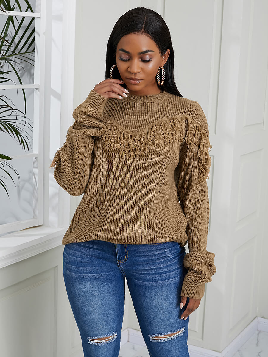 

Lovely Chic O Neck Tassel Design Brown Sweater