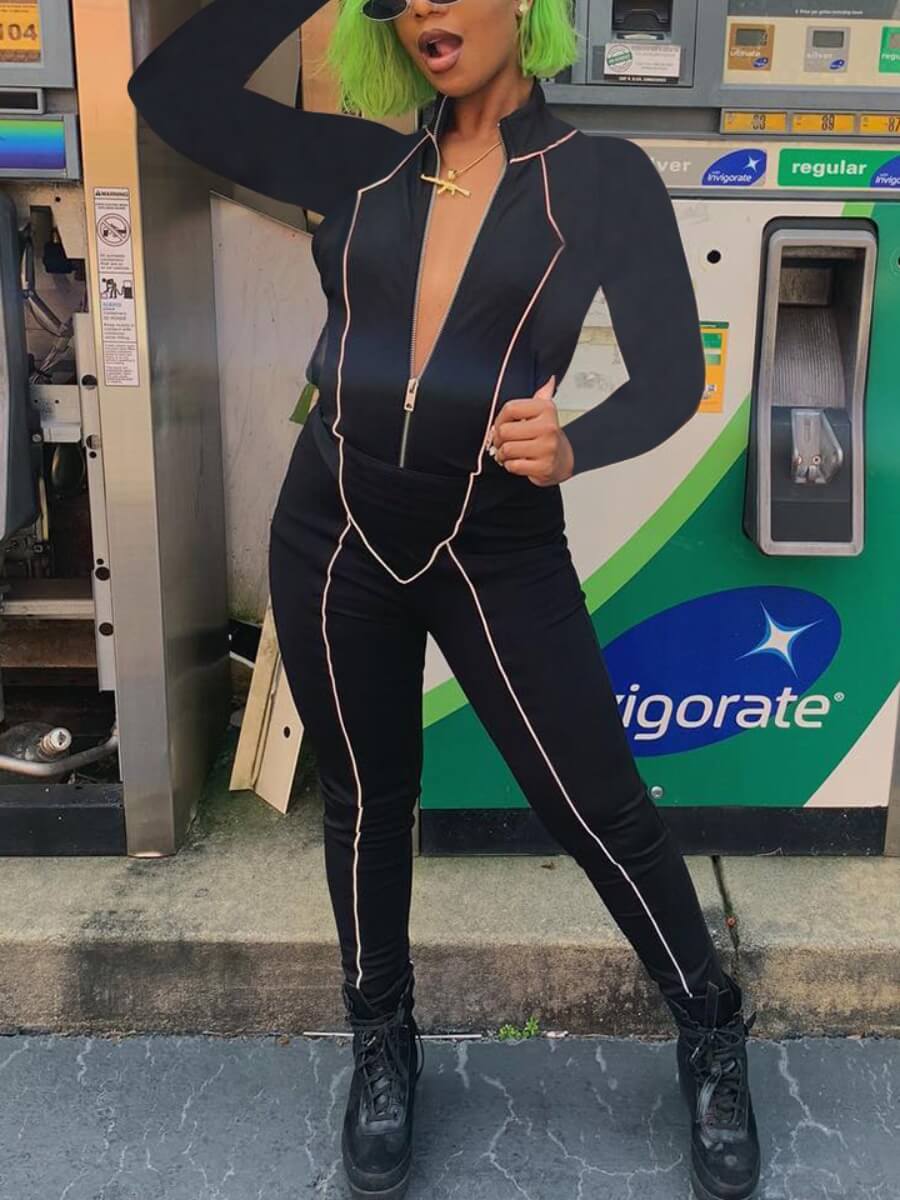 

LW Sportswear Mandarin Collar Striped Patchwork Black One-piece Jumpsuit
