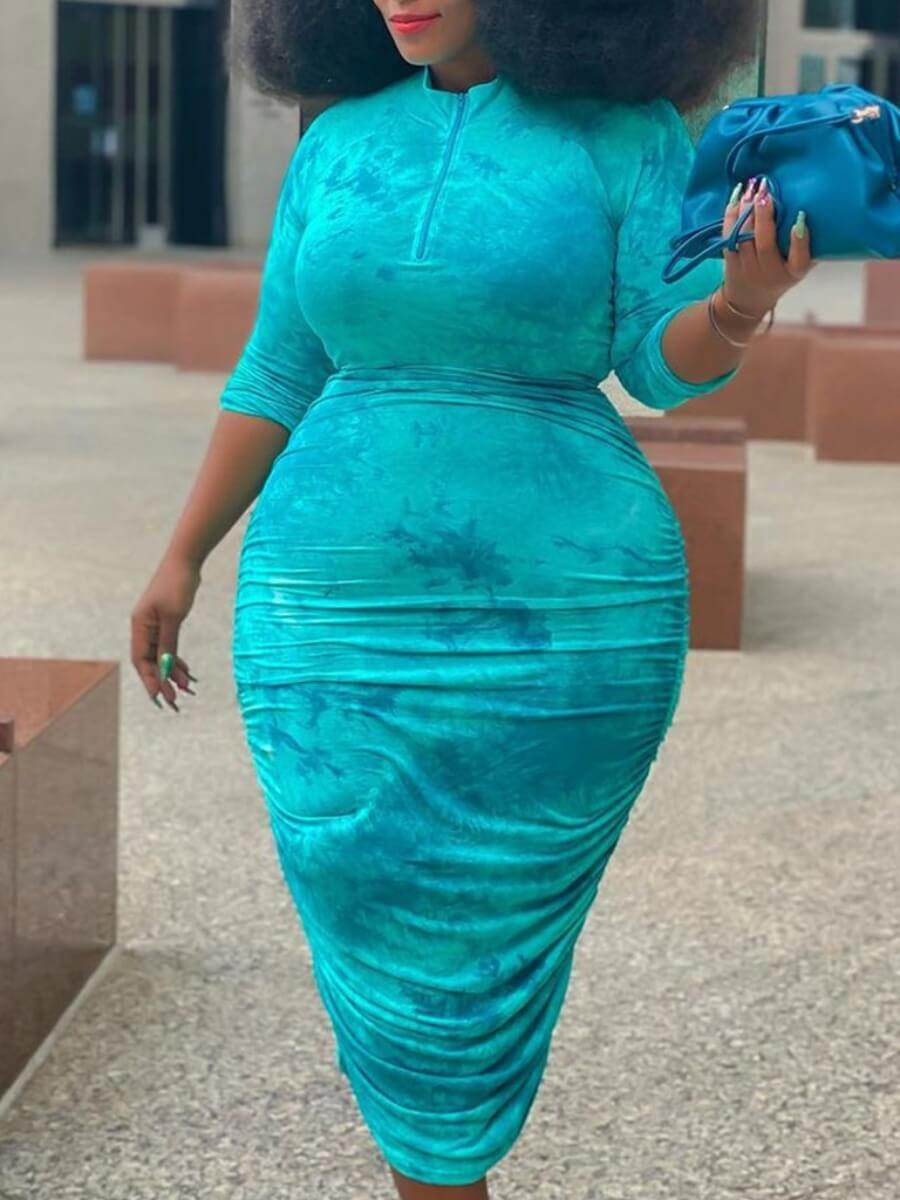 

Lovely Casual Tie-dye Patchwork Blue Ankle Length Plus Size Dress