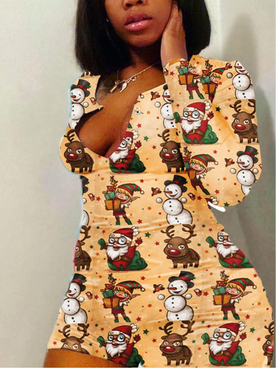 

Lovely Casual V Neck Christmas Day Print Yellow One-piece Plus Size Romper