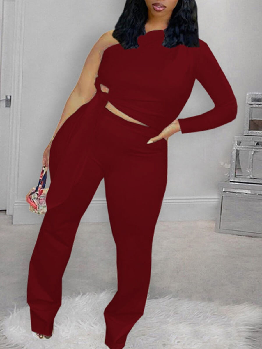 

Lovely Chic One Shoulder Knot Design Red Plus Size Two-piece Pants Set