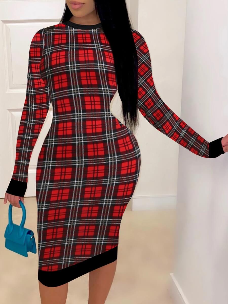 

Lovely Sweet Plaid Print Patchwork Red Knee Length Dress