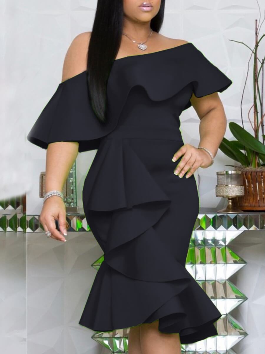 

Lovely Stylish Off The Shoulder Flounce Design Black Knee Length Evening Dress