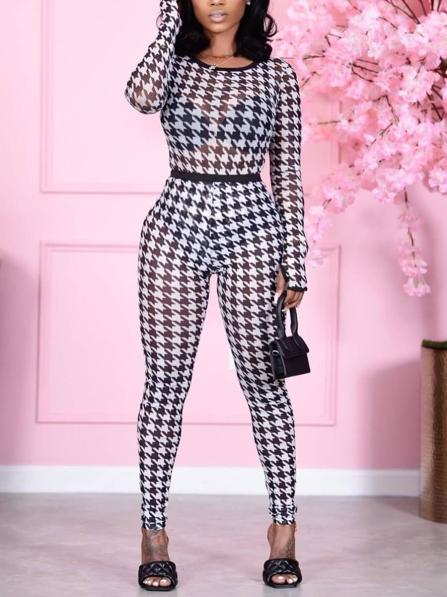 

Lovely Chic See-through Plaid Print Patchwork Black One-piece Jumpsuit