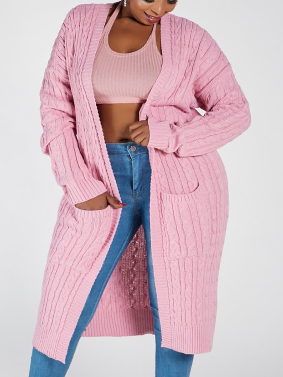 

Lovely Casual Pocket Design Loose Pink Plus Size Coat