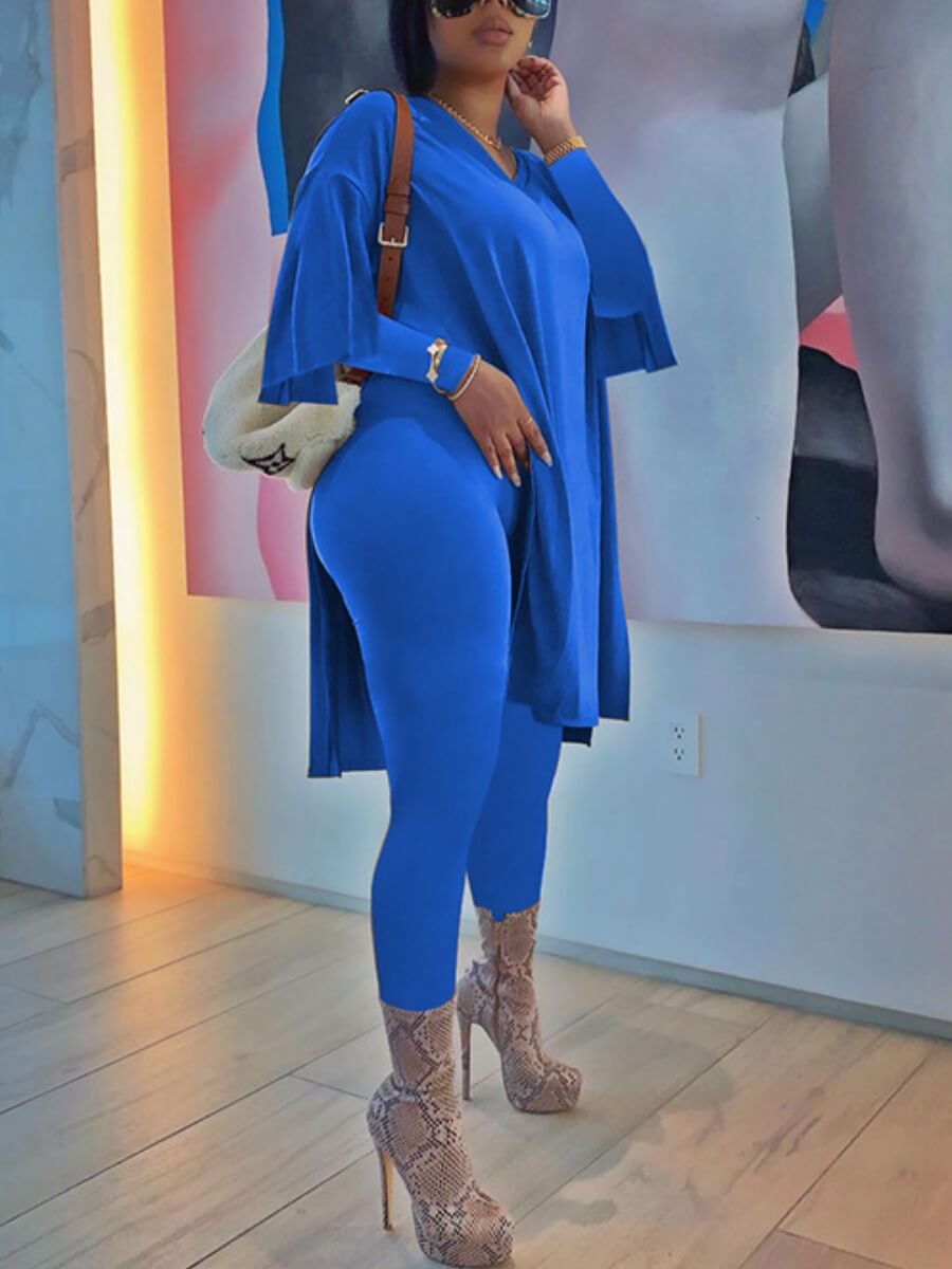 

Lovely Casual O Neck Side Split Blue Two Piece Pants Set