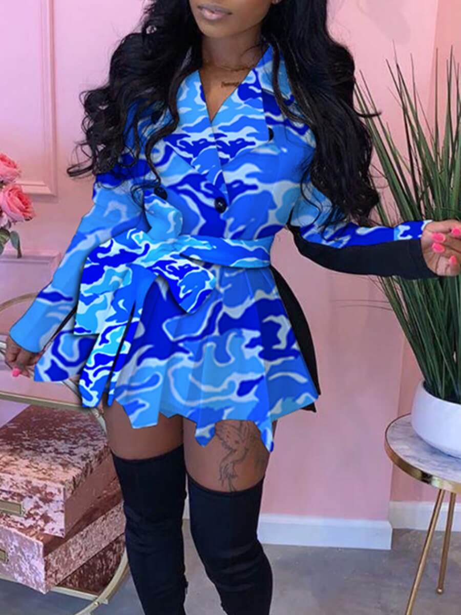 

Lovely Stylish Turndown Collar Camo Print Patchwork Blue Coat