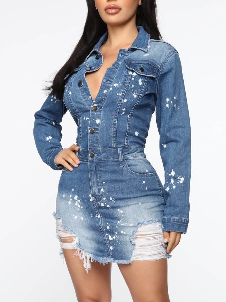 

LW Casual Turndown Collar Raw Edge Blue Mini Denim Dress