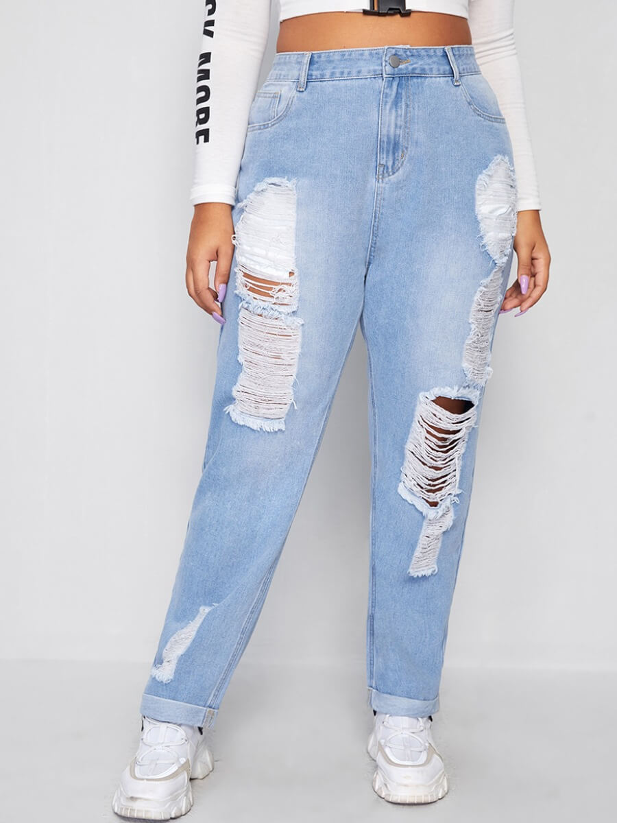 

Lovely Casual High-waisted Broken Holes Baby Blue Plus Size Jeans