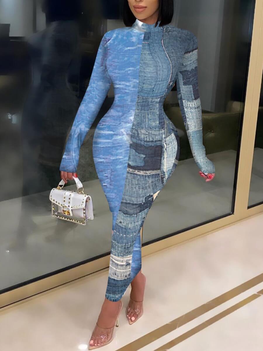 

Lovely Street Turtleneck Print Patchwork Blue Ankle Length Dress