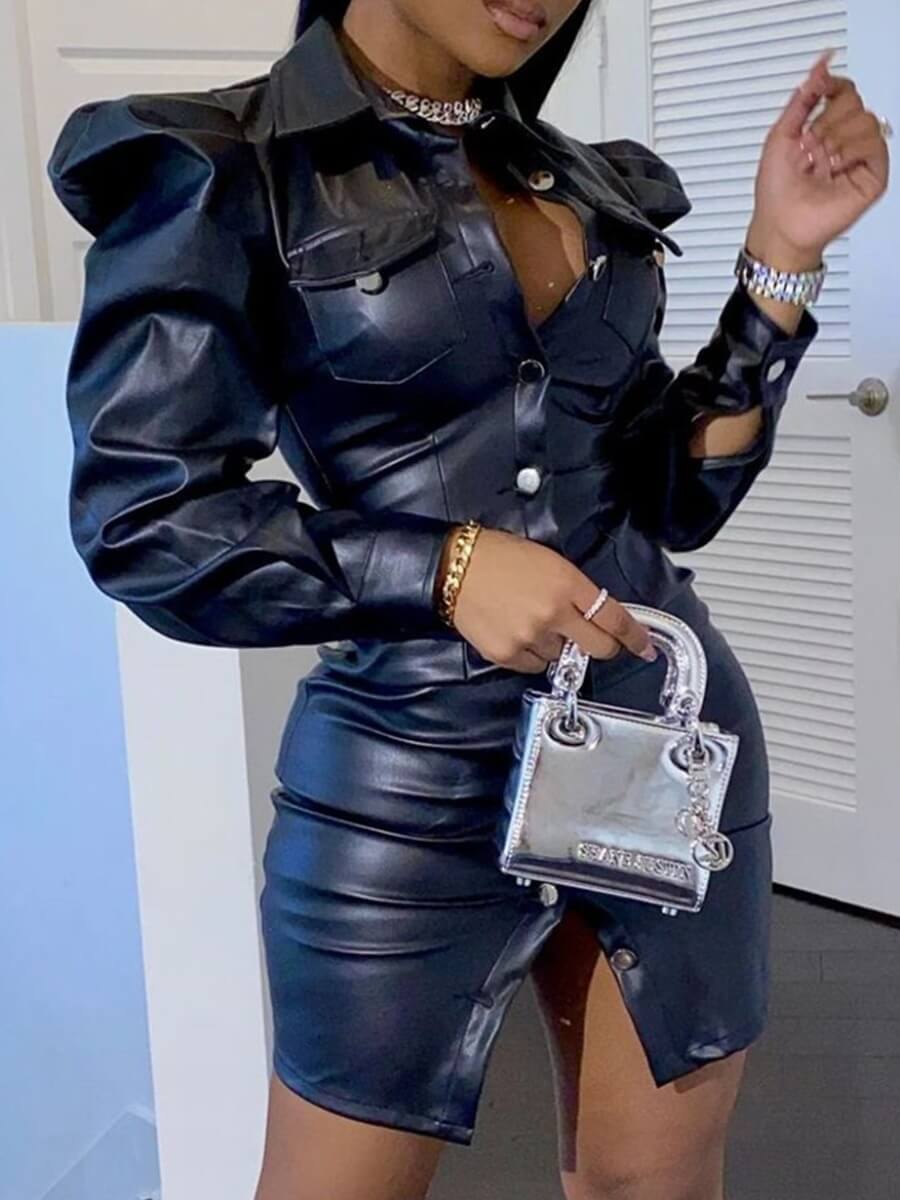 

Lovely Stylish Button Ruffle Design Black Leather