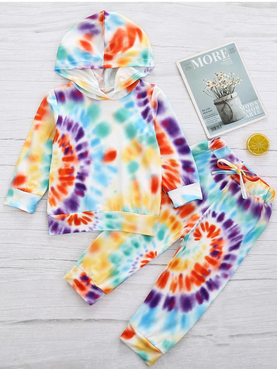 

Lovely Casual Tie Dye Patchwork Drawstring Multicolor Girl Two Piece Pants Set, Multi