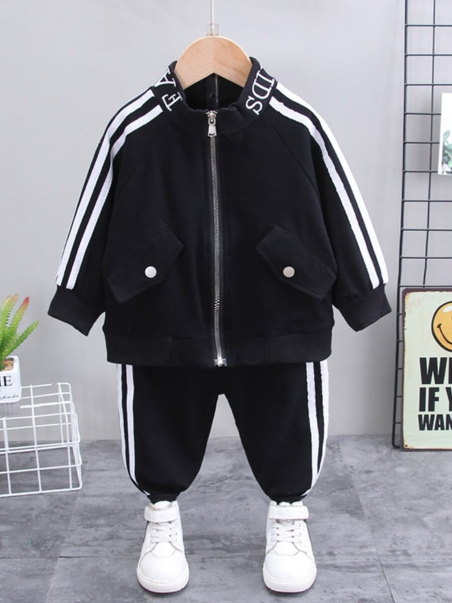 

Lovely Sportswear Striped Patchwork Zipper Design Black Boy Two Piece Pants Set
