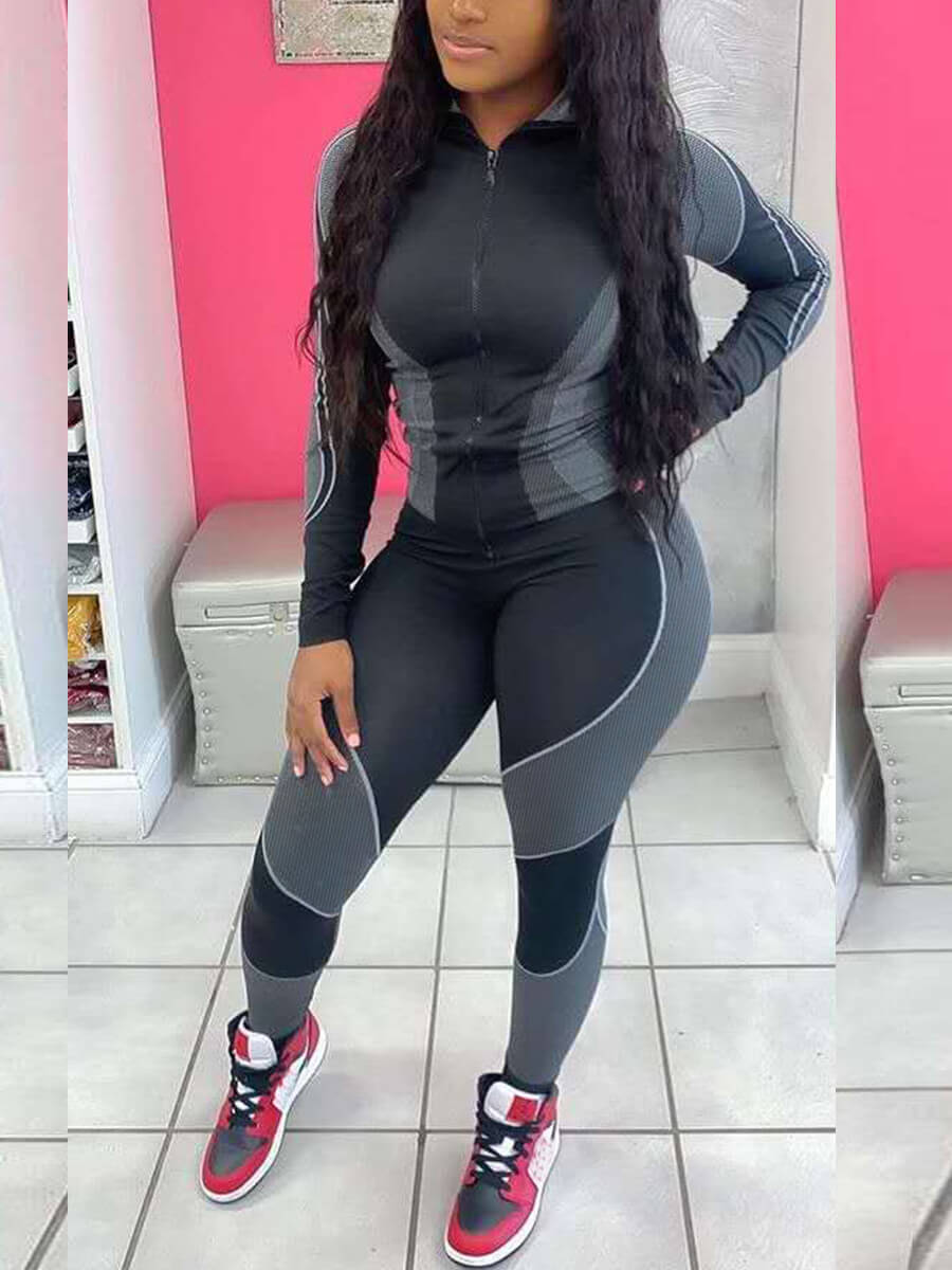 

Lovely Sportswear Hooded Collar Print Patchwork Grey Two Piece Pants Set