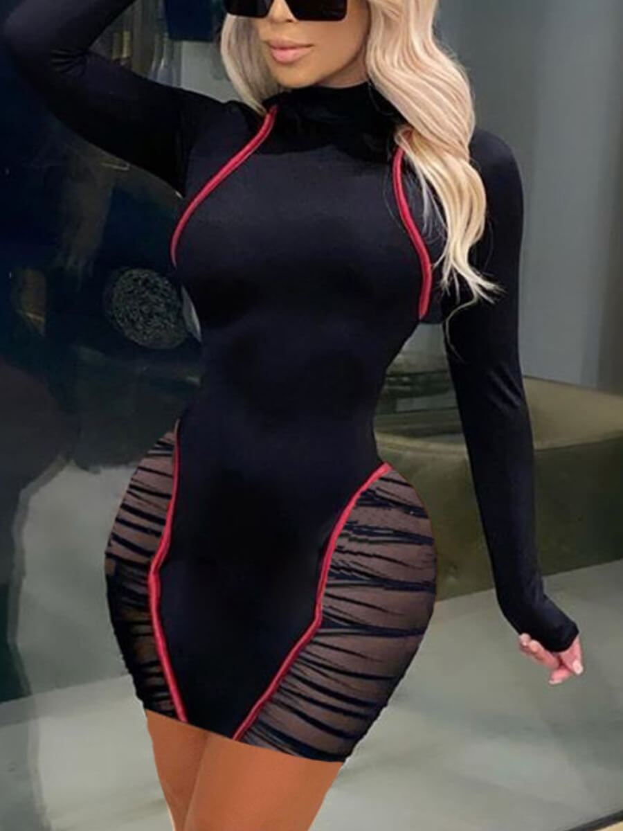

Lovely Chic Striped Mesh Patchwork Black Mini Dress