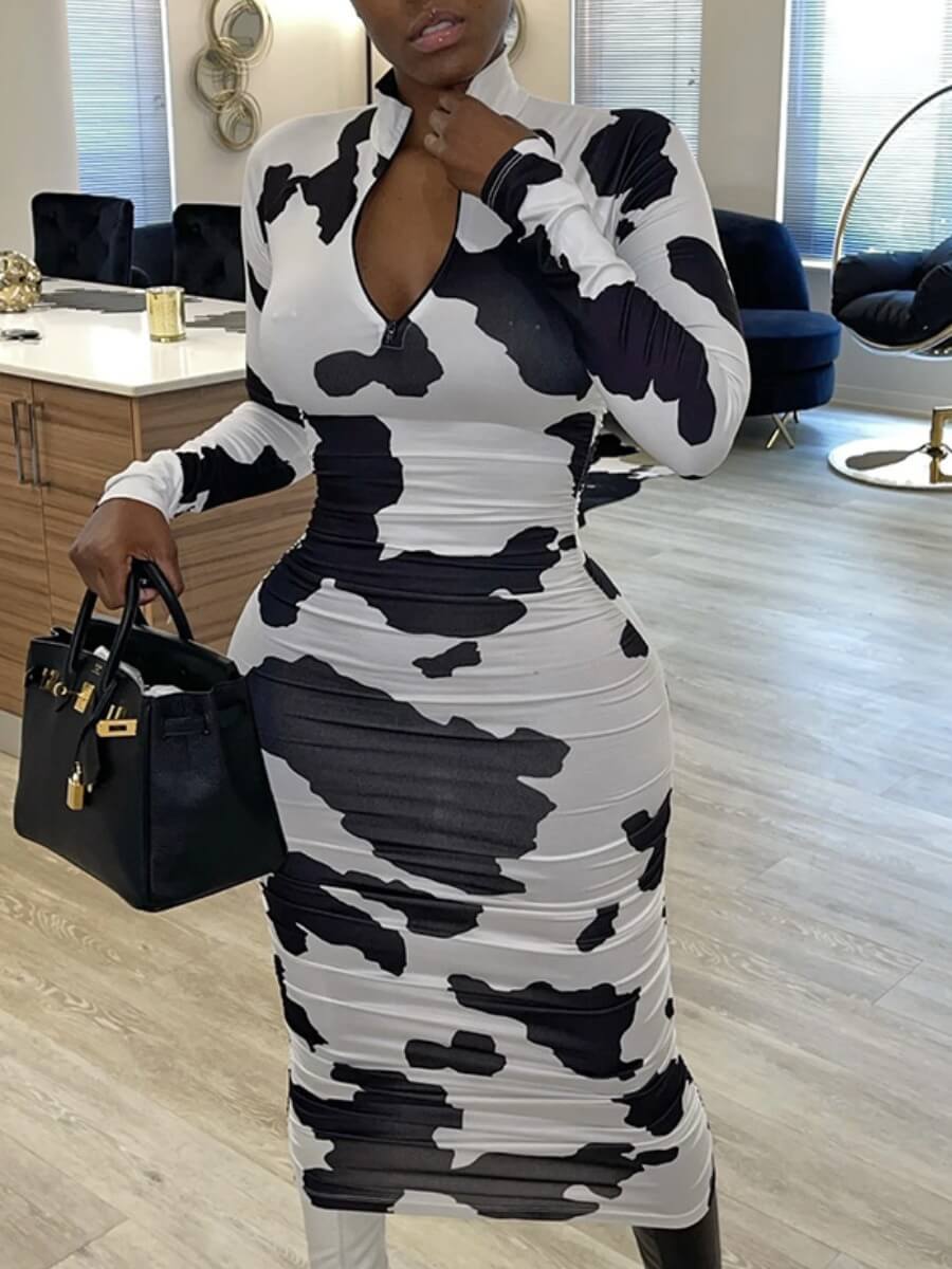 

LW Casual Mandarin Collar Tie-dye White Mid Calf Dress