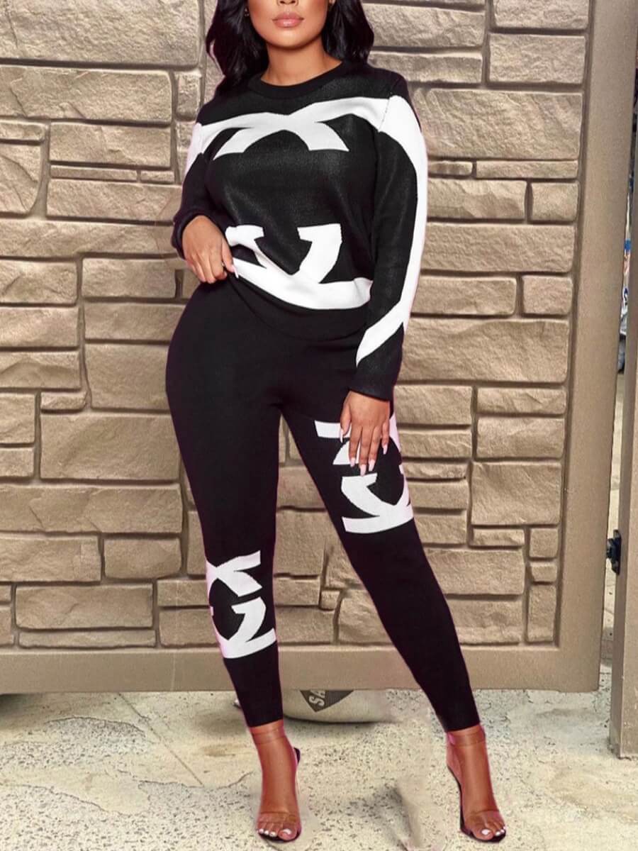 

Lovely Trendy O Neck Print Patchwork Black Two Piece Pants Set