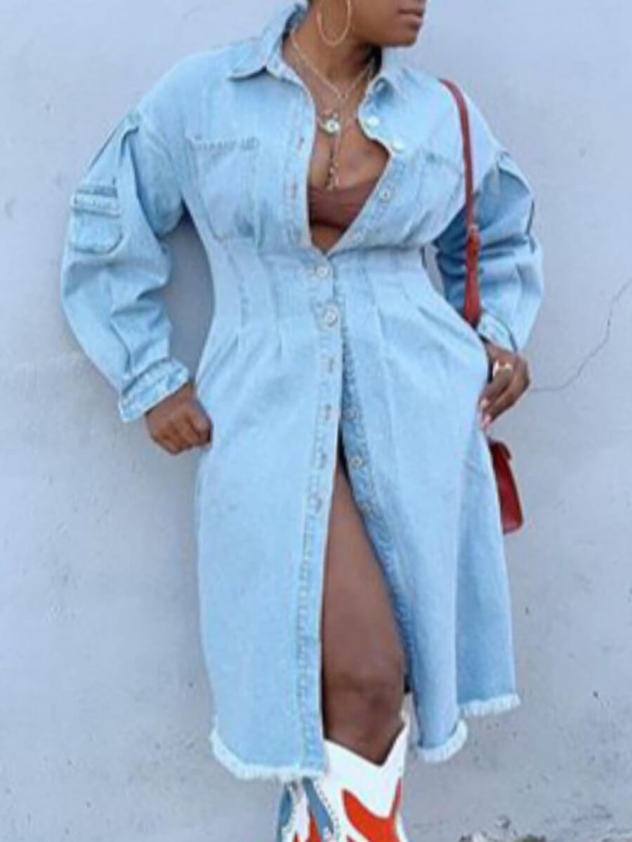 

Lovely Casual Raw Edge Button Design Baby Blue Denim Jacket