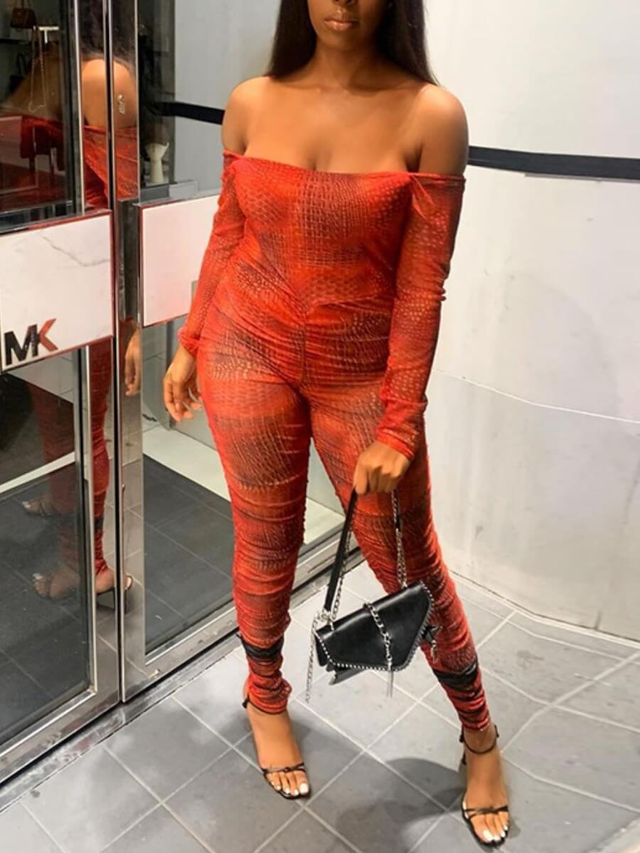 

Lovely Casual Off The Shoulder Print Orange One-piece Jumpsuit
