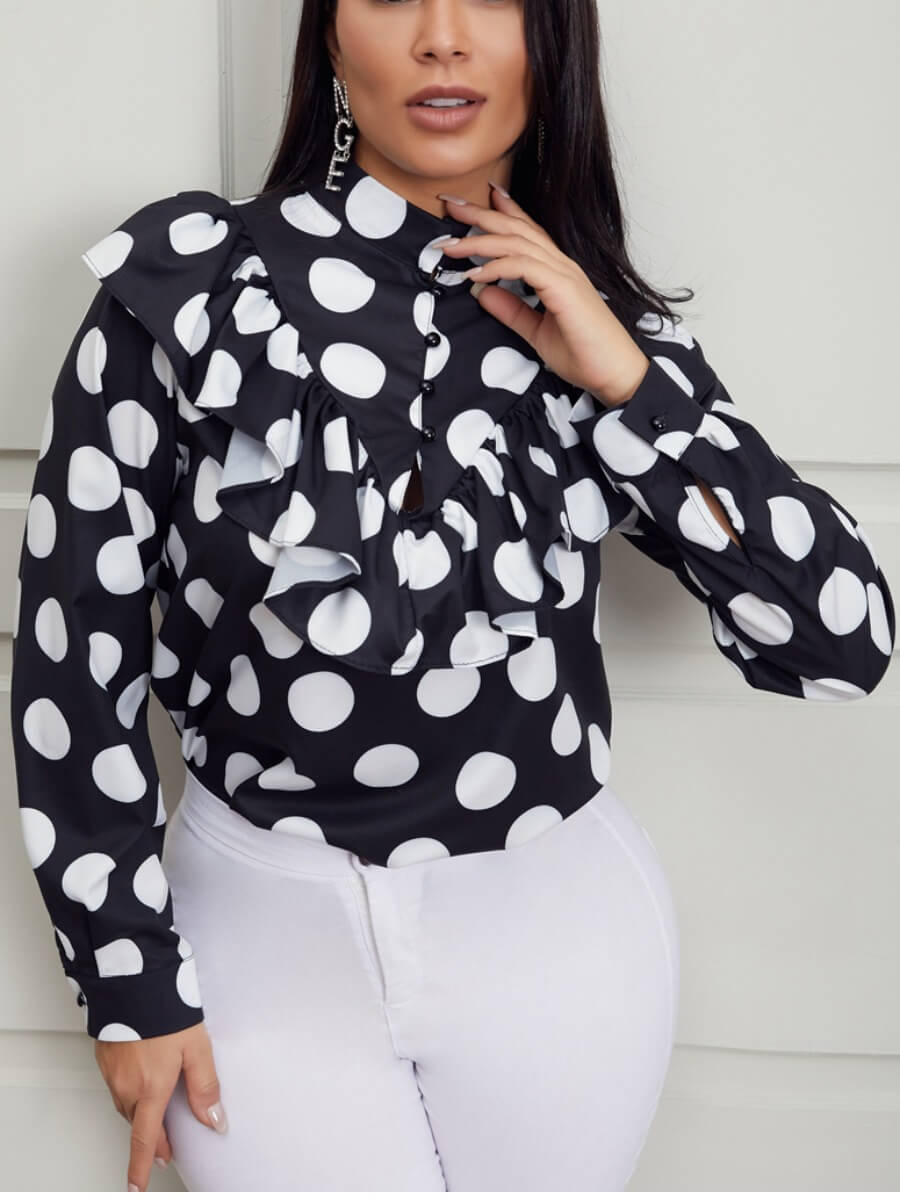 

Lovely Stylish Flounce Design Dot Print Patchwork Black Blouse, Black dot