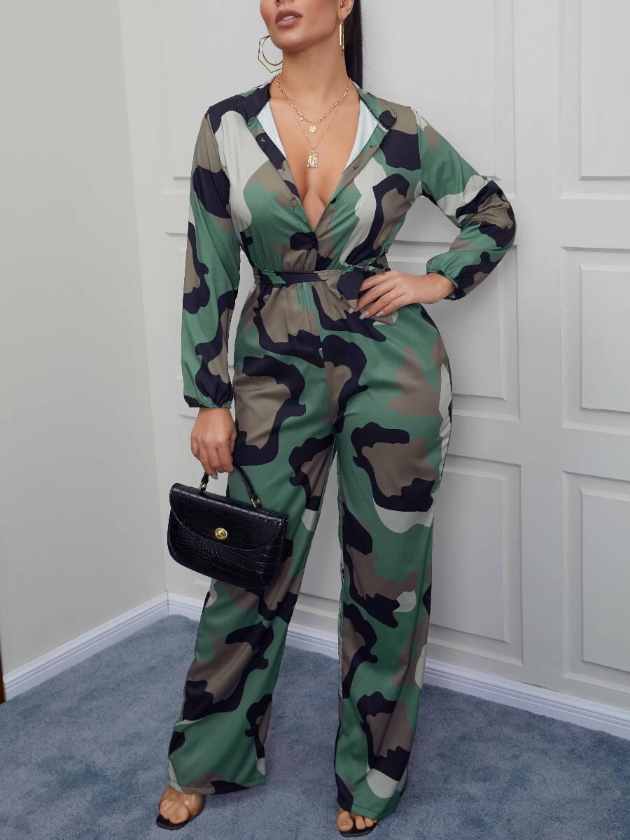 

Lovely Casual Pocket Design Camo Print Patchwork One-piece Jumpsuit, Army green camouflag