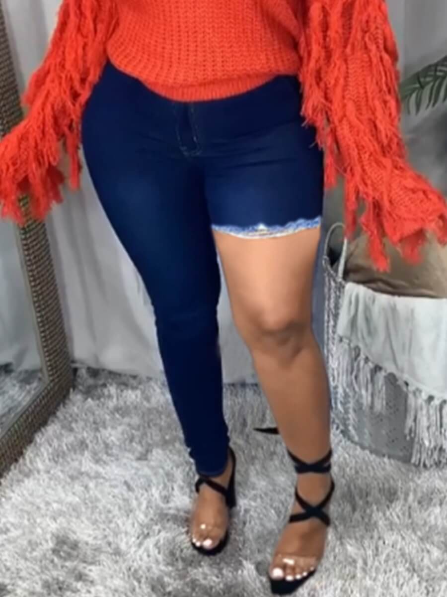 

Lovely Casual High-waisted Raw Edge Blue Jeans