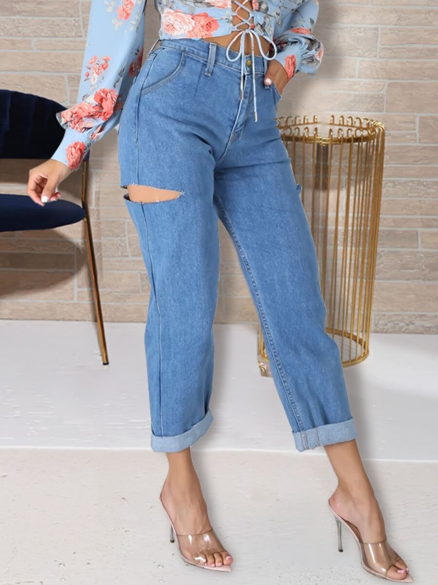 

Lovely Casual High-waisted Broken Holes Baby Blue Jeans