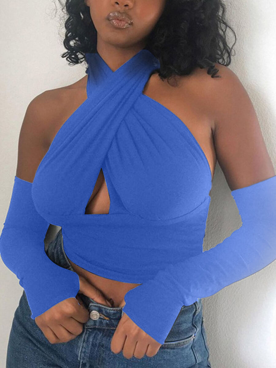 

Lovely Street Sexy Halter Neck Hollow-out Blue T-shirt