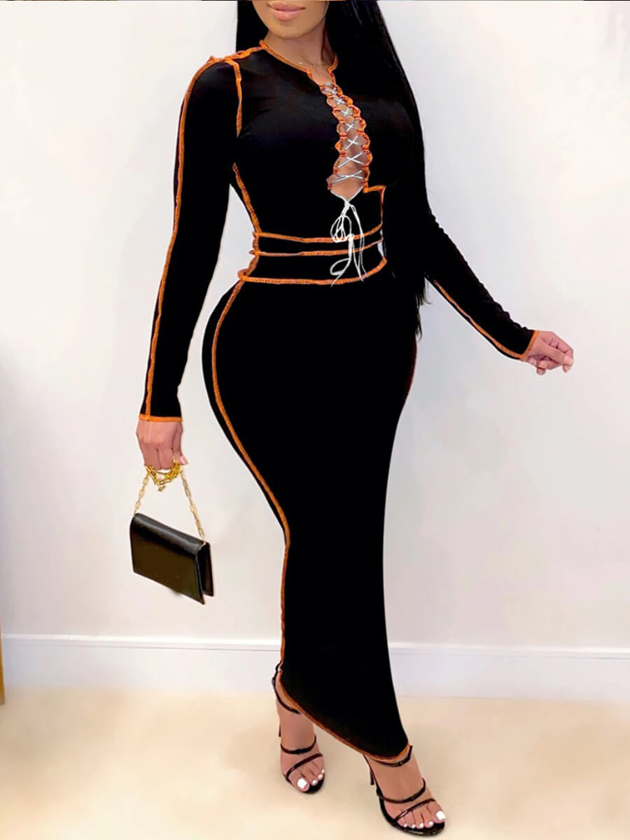 

Lovely Street Striped Bandage Hollow-out Design Black Ankle Length Dress
