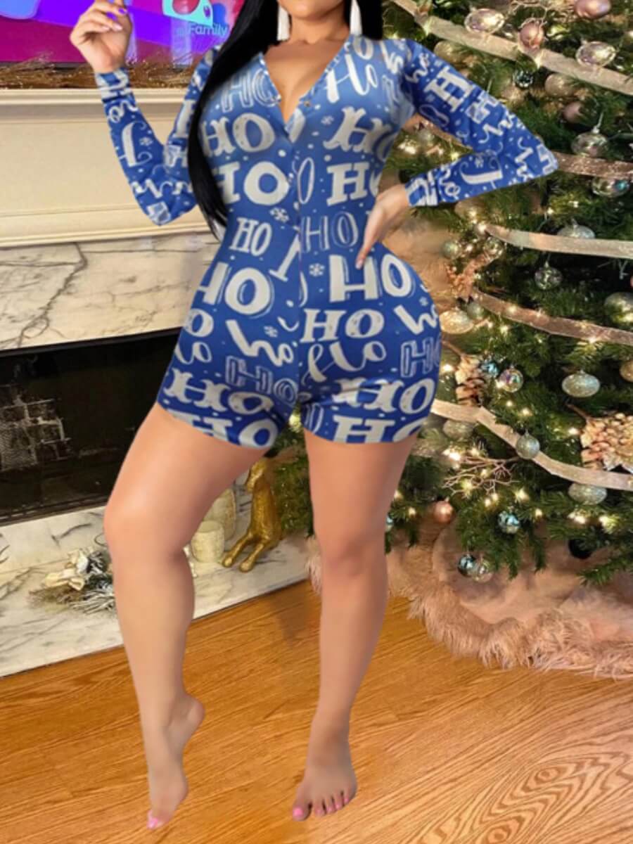 

Lovely Chic Christmas Day Letter Print Blue Sleepwear