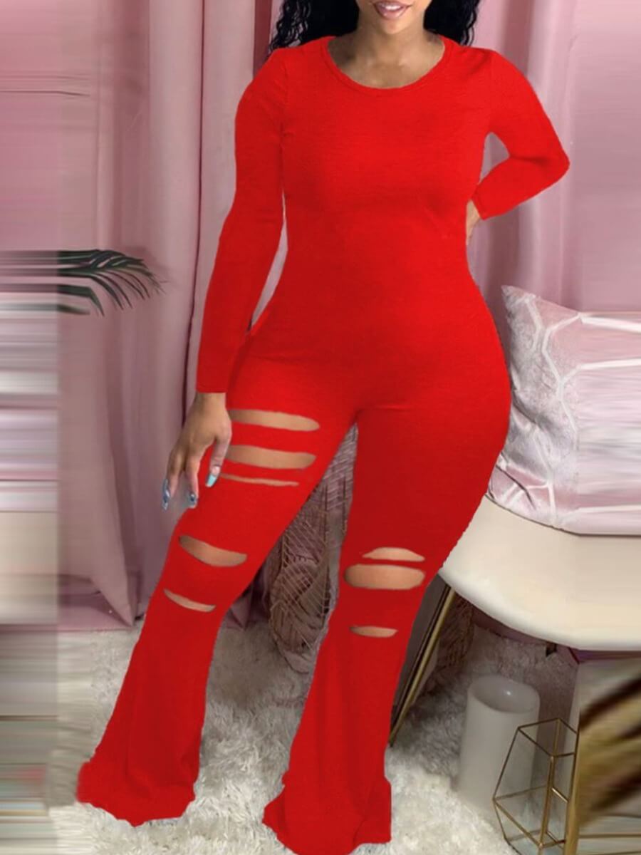 

Lovely Trendy O Neck Hollow-out Skinny Red One-piece Jumpsuit