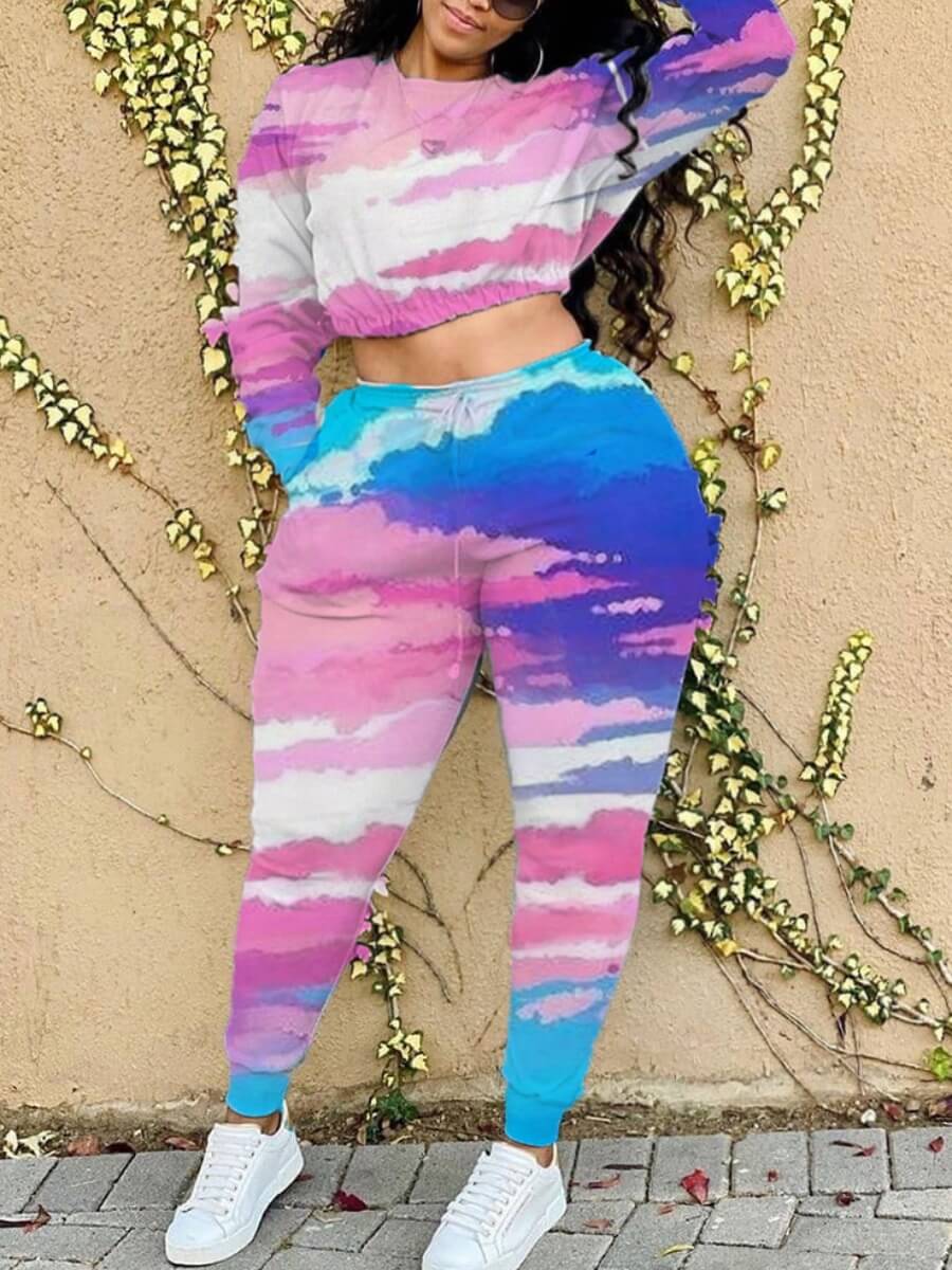 

Lovely Casual Tie Dye Print Pink Plus Size Two-piece Pants Set