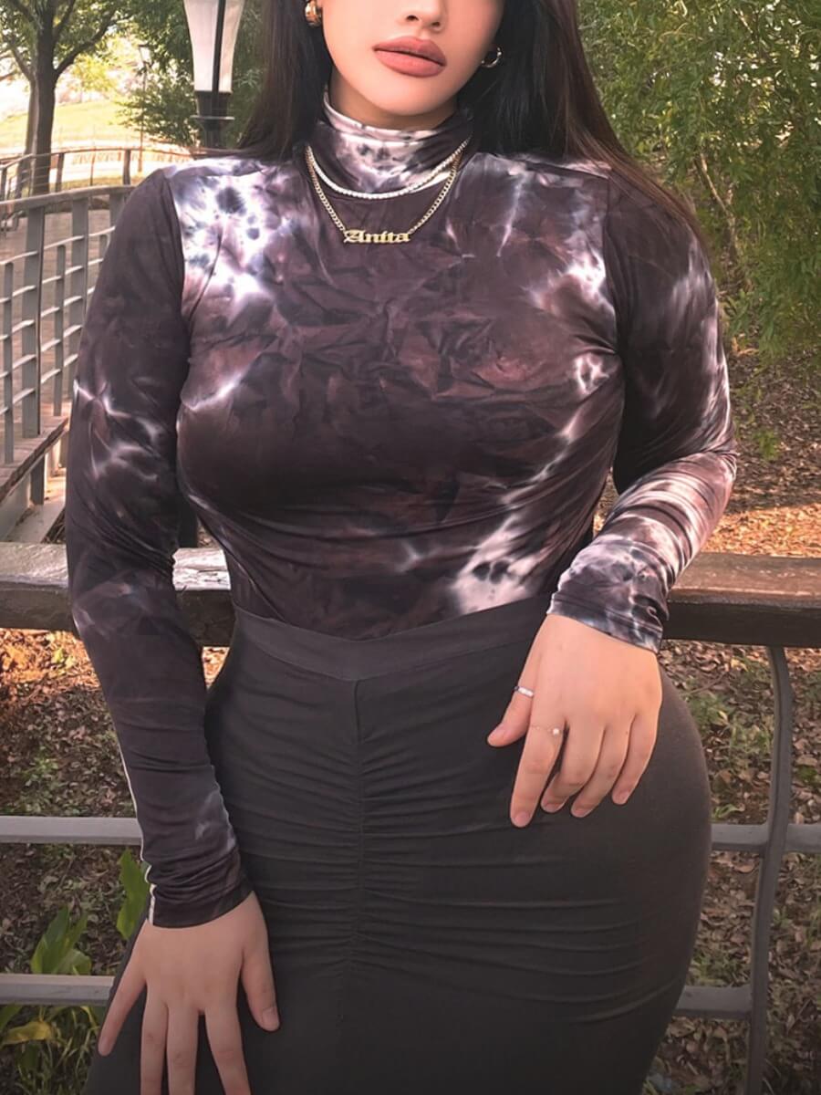 

Lovely Casual Turtleneck Tie-dye Coffee Bodysuit
