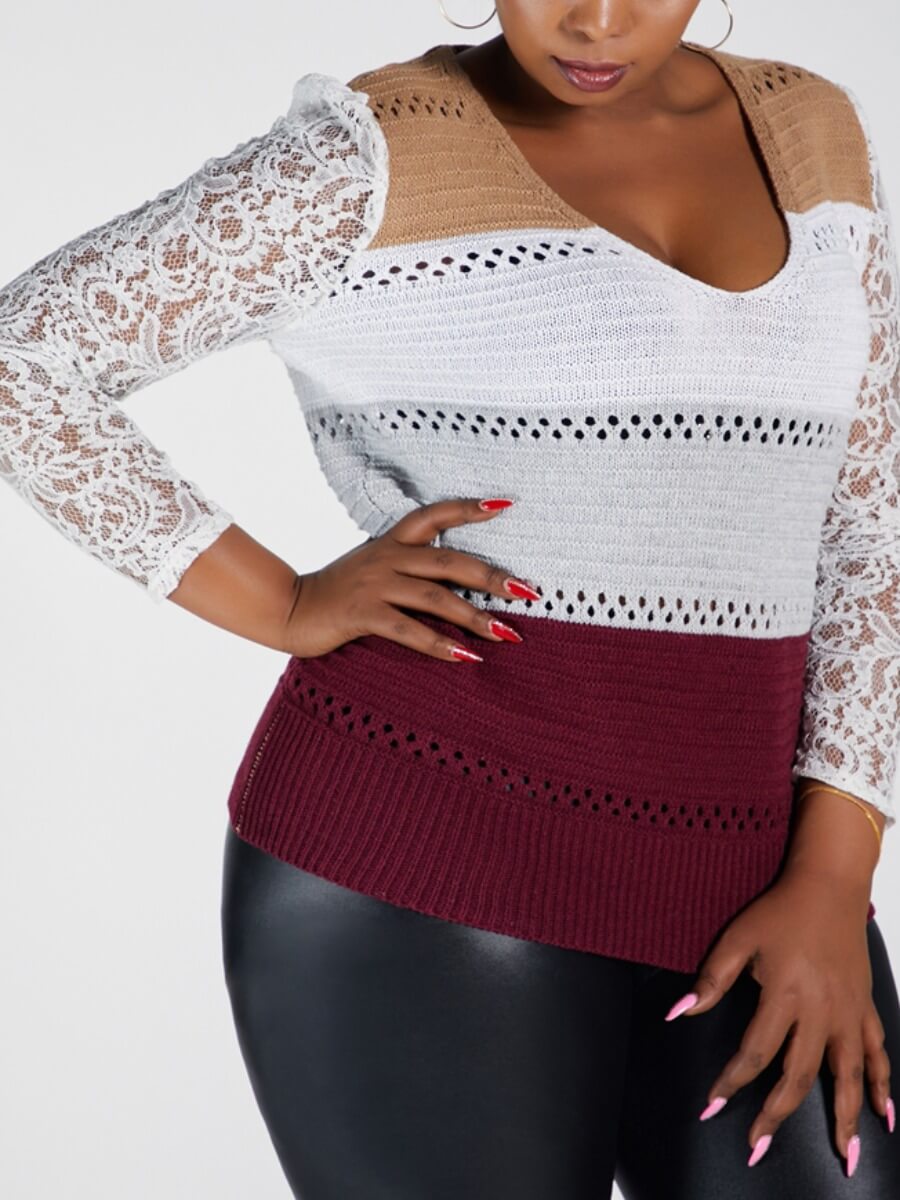 

Lovely Trendy V Neck Lace Patchwork Wine Red Sweater