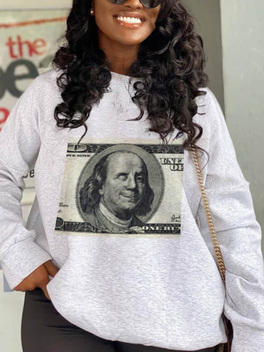 

Lovely Casual O Neck Print Grey Plus Size Hoodie