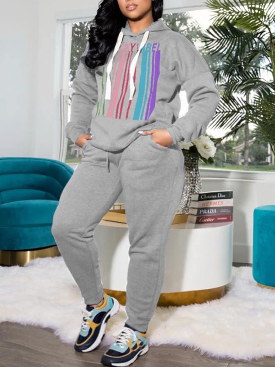 

Lovely Casual Hooded Collar Print Grey Two Piece Pants Set