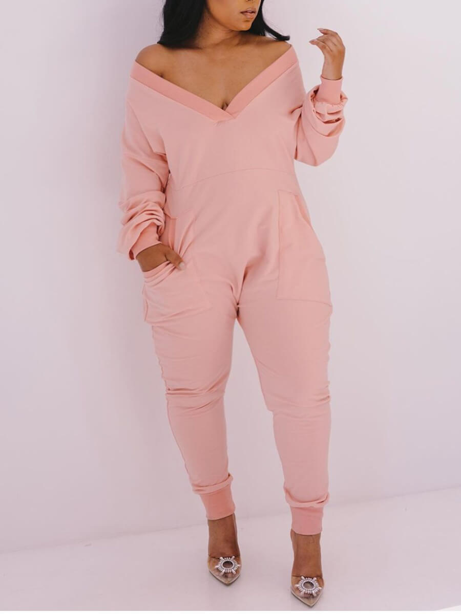 

Lovely Casual V Neck Pocket Design Pink Plus Size One-piece Jumpsuit