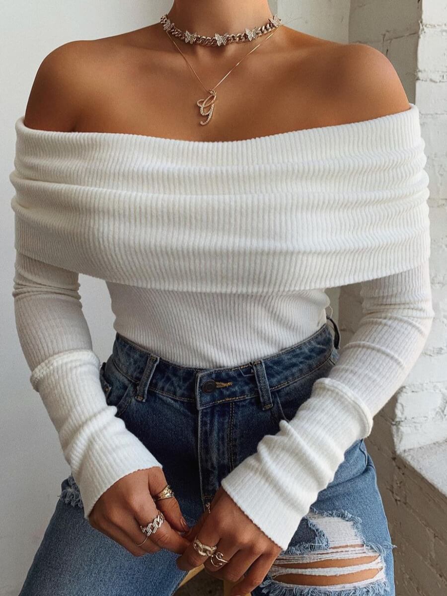 

Lovely Casual Off The Shoulder Long Sleeve White Sweater
