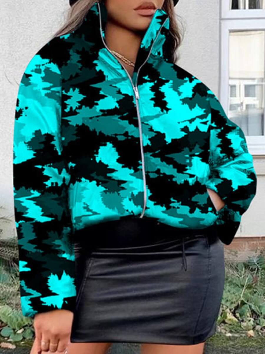 

Lovely Street Tie-dye Print Zipper Acid Blue Parka