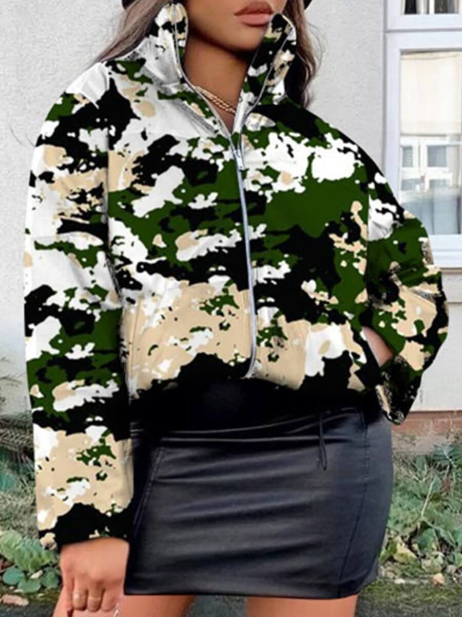 

Lovely Street Tie-dye Print Zipper Green Parka