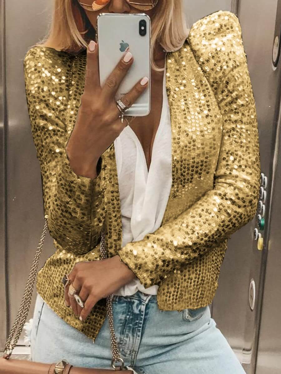 

Lovely Stylish Conventional Collar Sequined Decoration Gold Blazer